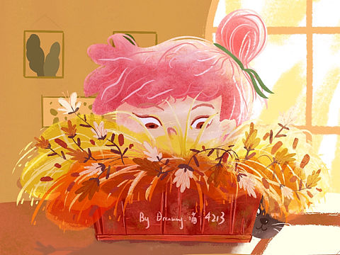 夕阳照进屋子,躲在花丛背后的小女孩和猫猫