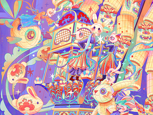兔年·新年放花灯(个人主页-ZNjMyNDk3NzY=) - 商业插画 - 站酷设计师泡椒喵喵喵原创素材 - 站酷ZCOOL