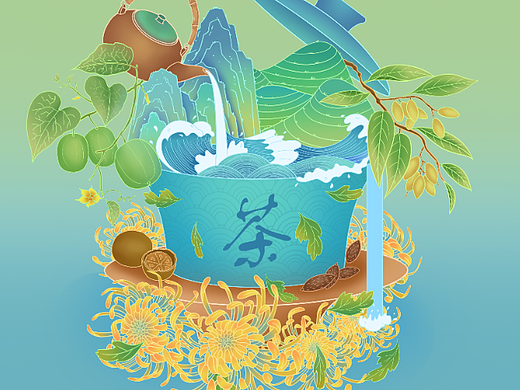 新中式胖大海罗汉果菊花茶包装插画