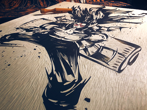 手工雕刻火影千手柱间黑白木刻版画艺术品