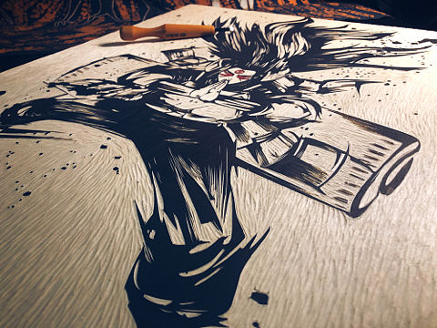 手工雕刻火影千手柱间黑白木刻版画艺术品