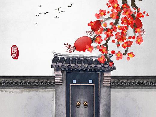 中式门古建筑梅花灯笼古门飞鸟古风水墨画古风插画