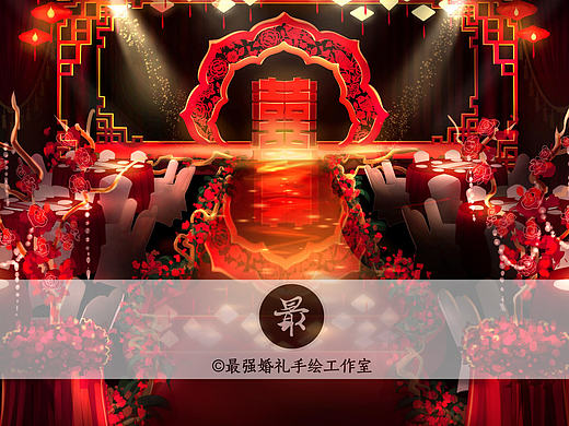 【婚礼手绘】中式电脑手绘宴会厅全景