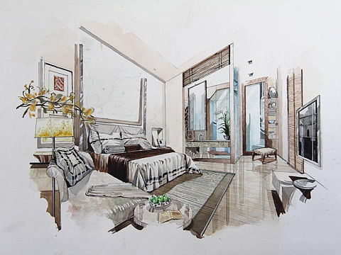 室内水彩插画