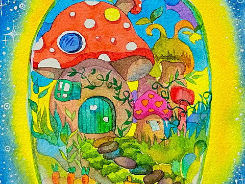 儿童插画《瓶子中的蘑菇屋》