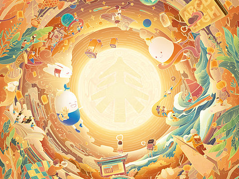 好未来中秋礼盒包装插画主视觉