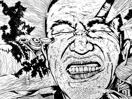 Printmaking Lino- Hit in the face 版画插画