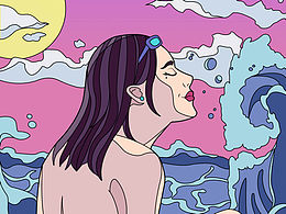 歐美風 小插畫 少女 大海 
