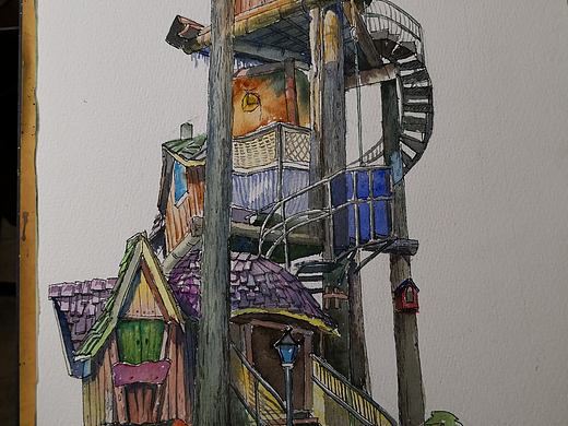 三层树屋，钢笔淡彩作品（个人主页-ZNDEzNDkwOTI=） - 绘画 - 站酷设计师Z02757098原创素材 - 站酷ZCOOL