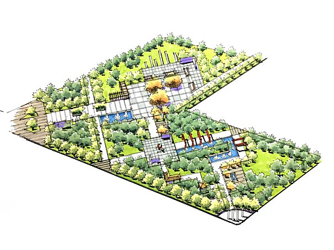 手绘景观平面图转鸟瞰效果图