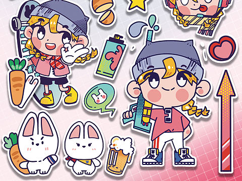 潮流贴纸设计，和兔兔一起打水仗吧
