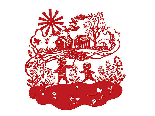 儿童图书插图 剪影剪纸 江南水乡 孩童