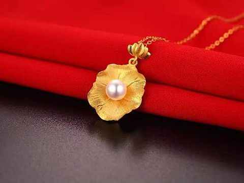 和悦》24K纯金镶嵌极品珍珠吊坠.荷叶荷花.母亲节礼品