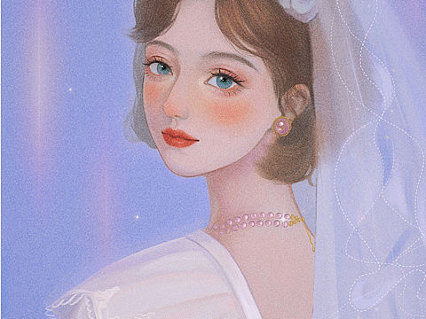 复古女郎画报婚纱手绘插画人物