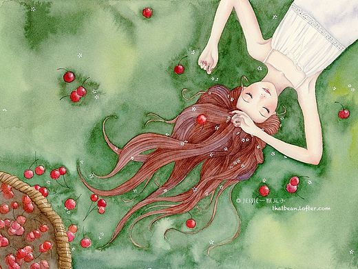 水彩插画——樱桃园的女孩