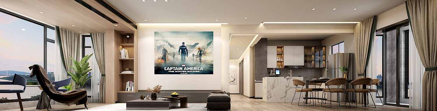 暖色系现代简约无主灯、开放式厨房设计