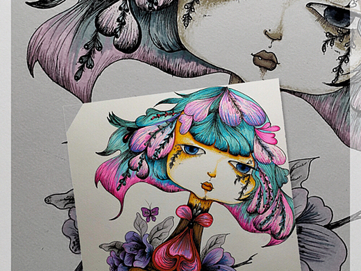 缠绕画装饰画手绘插画黑白装饰画线描女孩
