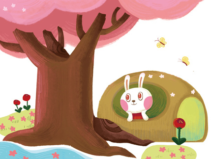 桃树下的小白兔绘画图片