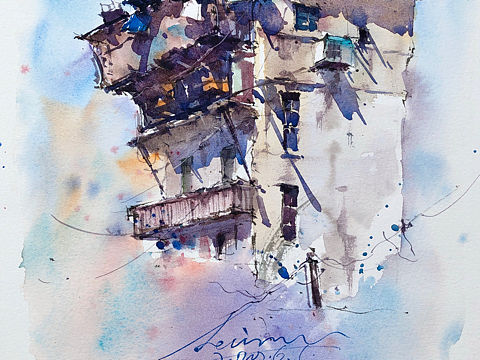 水彩插画，天空之城