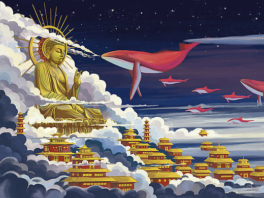 大佛、鲸鱼、瀑布