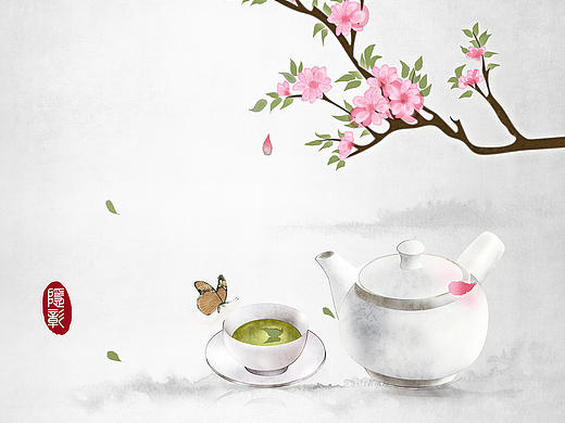 茶具茶艺茶文化古风春分春天四季桃枝桃花花瓣24节气