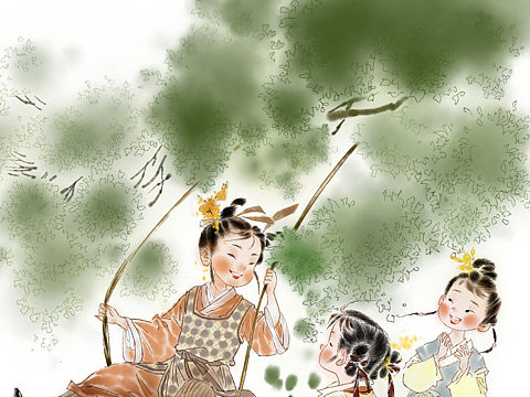 秋千女儿 斜插花枝