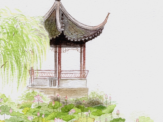 水彩手绘|园林 拙政园 荷风四面亭