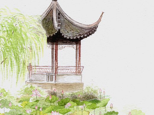 水彩手绘｜园林 拙政园 荷风四面亭