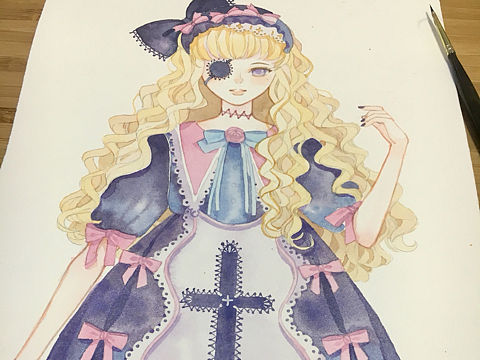 哥特少女(水彩过程)
