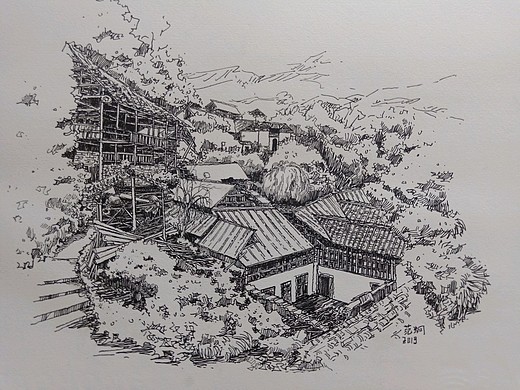 范炯钢笔画手绘村落绘画步骤