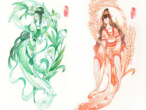 四季拟人 彩线单色手绘