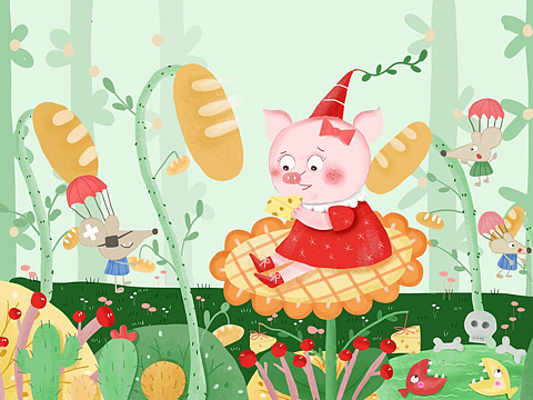 儿童插画绘本原创板绘商业插画之吃奶酪的小猪