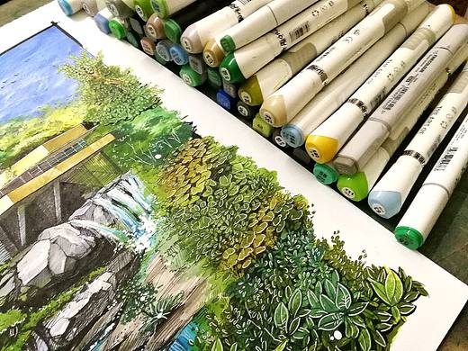 马克笔手绘作品：《赖特--流水别墅》