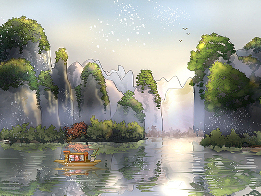 桂林山水插画装修装饰画山水画