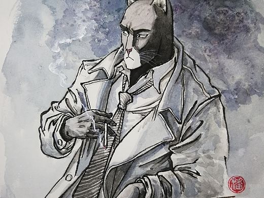 塑新斋潘纪坤手绘古风水彩插画黑猫侦探