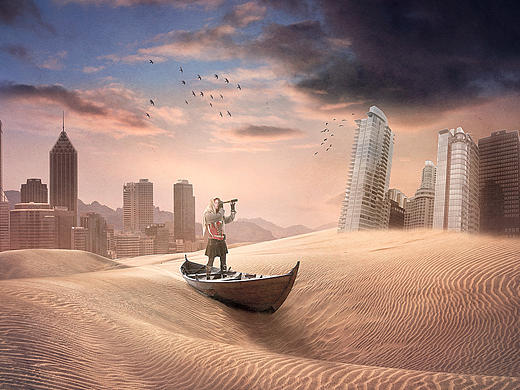 场景合成，合成荒废的沙漠之城场景实例（个人主页-ZMTcxMTI5NjQ=） - 海报 - 站酷设计师岸上游的鱼原创素材 - 站酷ZCOOL