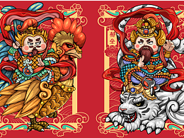 门神—神荼郁垒最早的门神春节民俗习俗国潮插画