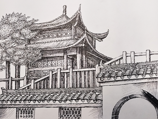 古建筑钢笔画