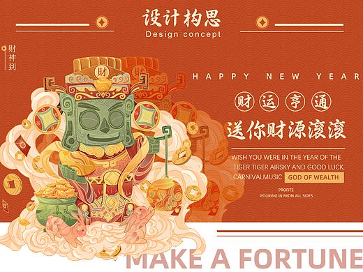 三星堆福禄寿喜财新年创意IP|三星堆国潮|兔年迎春插画