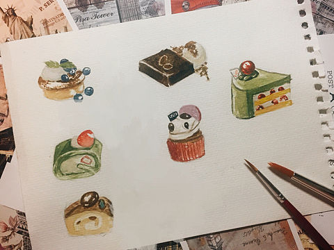 甜品糕点水彩插画