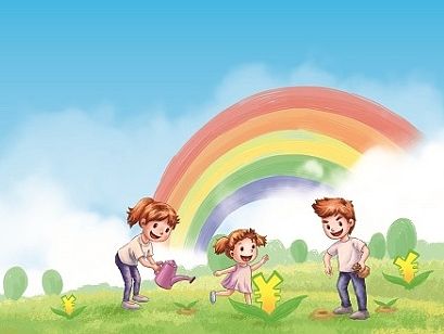 彩虹银行开业背景板、卷轴背景插画设计