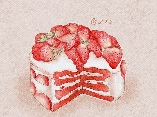 草莓蛋糕水彩插画
