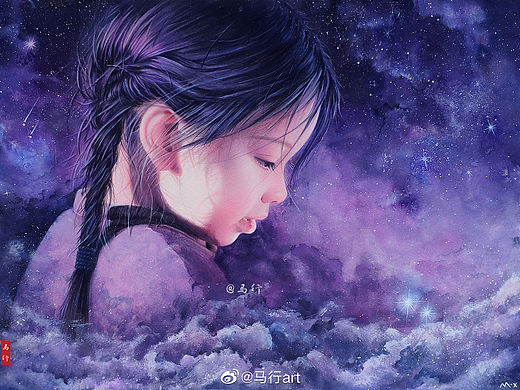 水彩彩铅作品《数星星》