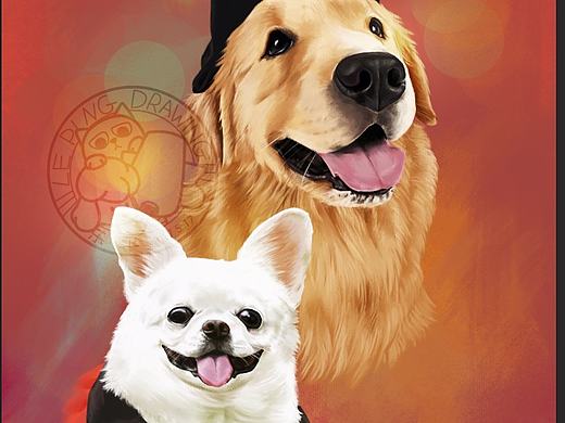 给金毛AMY和吉娃娃娃娃的写实像