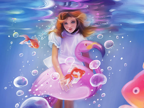 水里抱著火烈鳥(niǎo)的少女（個(gè)人主頁(yè)-ZMjkwMDA2NzY=） - 商業(yè)插畫(huà) - 站酷設(shè)計(jì)師馮馮是娉原創(chuàng)素材 - 站酷ZCOOL