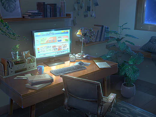 夜晚书房日系场景