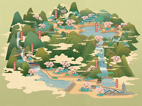天台山手绘地图.场景插画