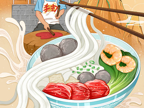 原创国潮插画/潮汕牛肉面