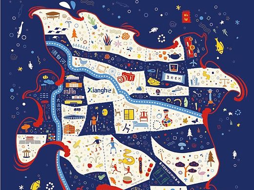 香河地图主题插画丝巾