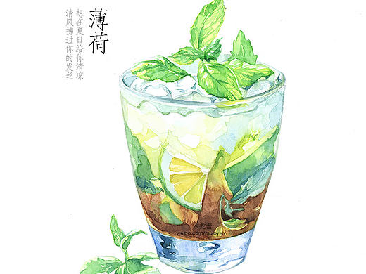 手绘水彩薄荷冰 薄荷夏天